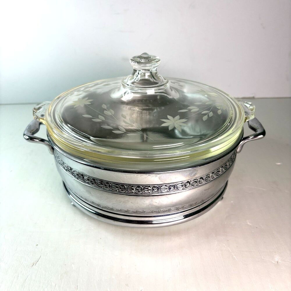 PYREX Casserole Dish Etched Lid Farberware Silver Bowl Vintage USA 1920's